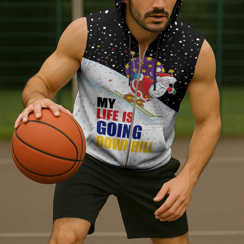 Santa Claus Ski My Life Is Going Downhill Christmas Sleeveless Zip Hoodie Xmas Holiday Patterns - Wonder Print Shop