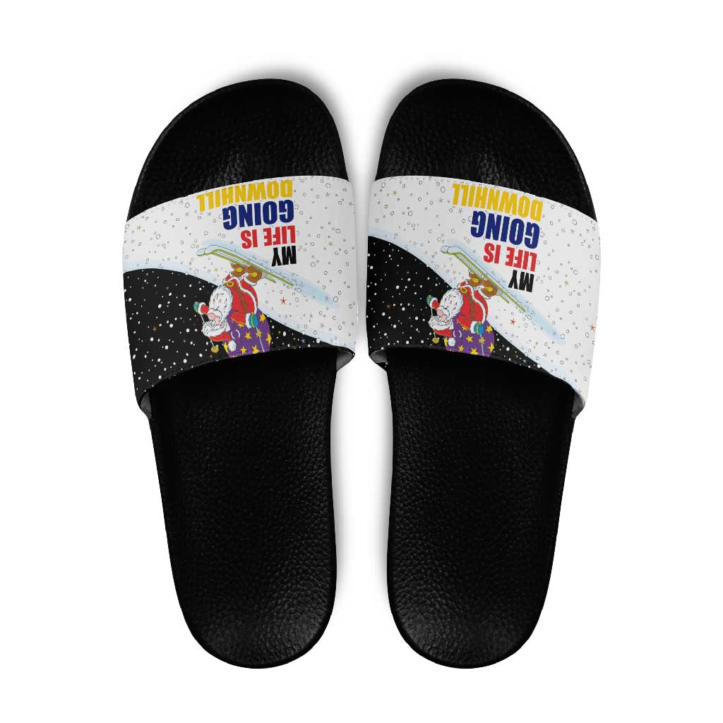 Santa Claus Ski My Life Is Going Downhill Christmas Slide Sandals Xmas Holiday Patterns - Wonder Print Shop