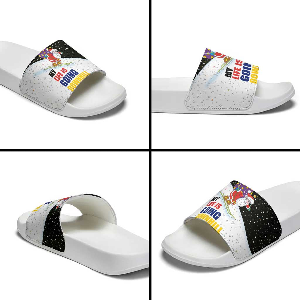Santa Claus Ski My Life Is Going Downhill Christmas Slide Sandals Xmas Holiday Patterns - Wonder Print Shop