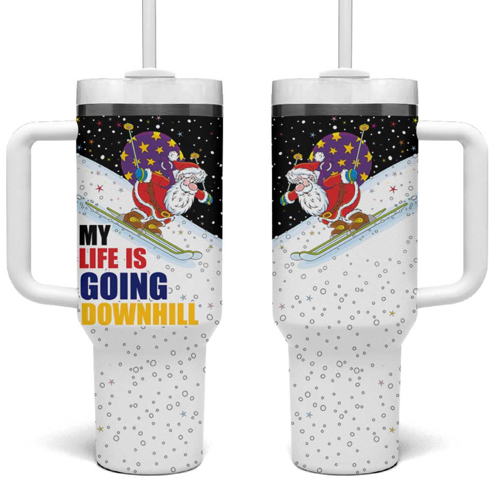 Santa Claus Ski My Life Is Going Downhill Christmas Tumbler With Handle Xmas Holiday Patterns - Wonder Print Shop
