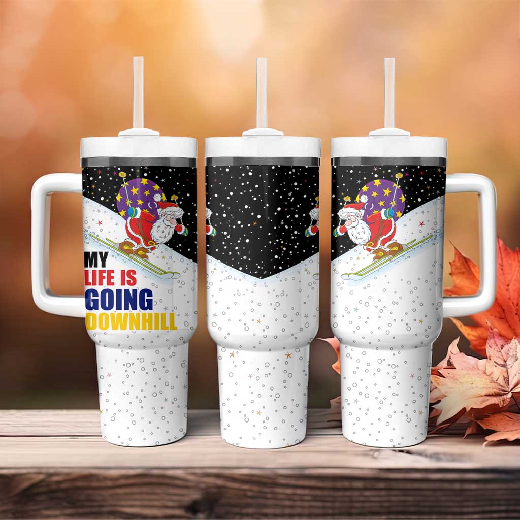 Santa Claus Ski My Life Is Going Downhill Christmas Tumbler With Handle Xmas Holiday Patterns - Wonder Print Shop