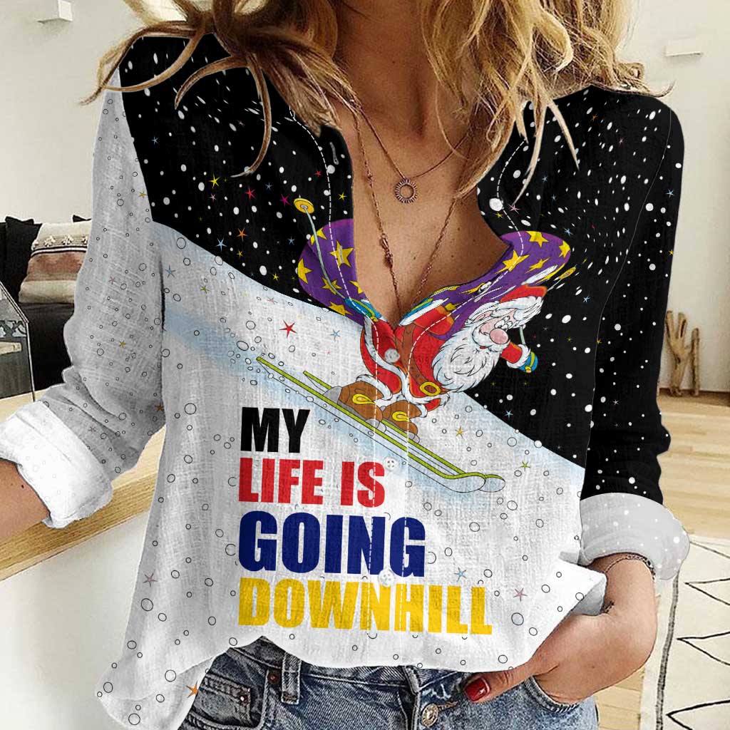 Santa Claus Ski My Life Is Going Downhill Christmas Women Casual Shirt Xmas Holiday Patterns - Wonder Print Shop