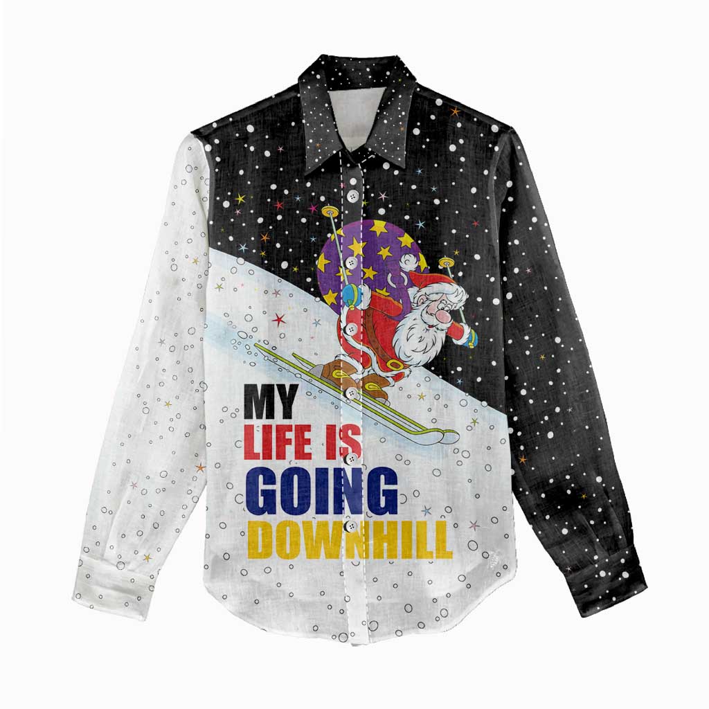 Santa Claus Ski My Life Is Going Downhill Christmas Women Casual Shirt Xmas Holiday Patterns - Wonder Print Shop