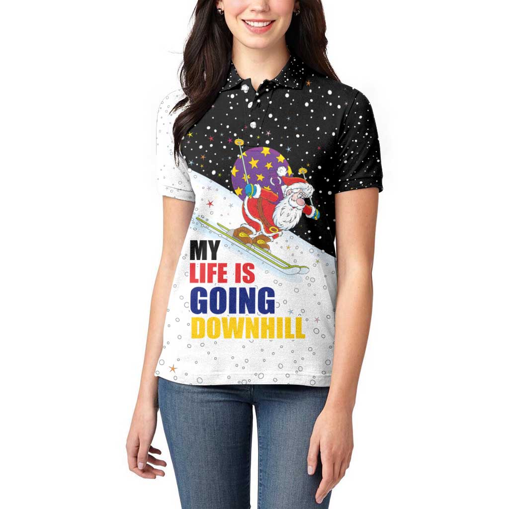 Santa Claus Ski My Life Is Going Downhill Christmas Women Polo Shirt Xmas Holiday Patterns - Wonder Print Shop