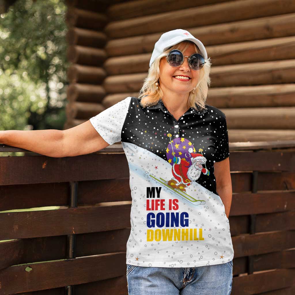 Santa Claus Ski My Life Is Going Downhill Christmas Women Polo Shirt Xmas Holiday Patterns - Wonder Print Shop