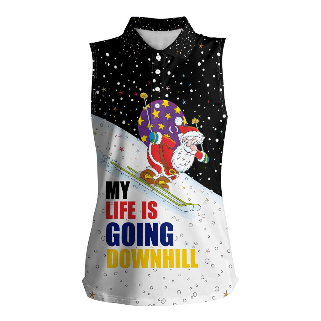 Santa Claus Ski My Life Is Going Downhill Christmas Women Sleeveless Polo Shirt Xmas Holiday Patterns - Wonder Print Shop