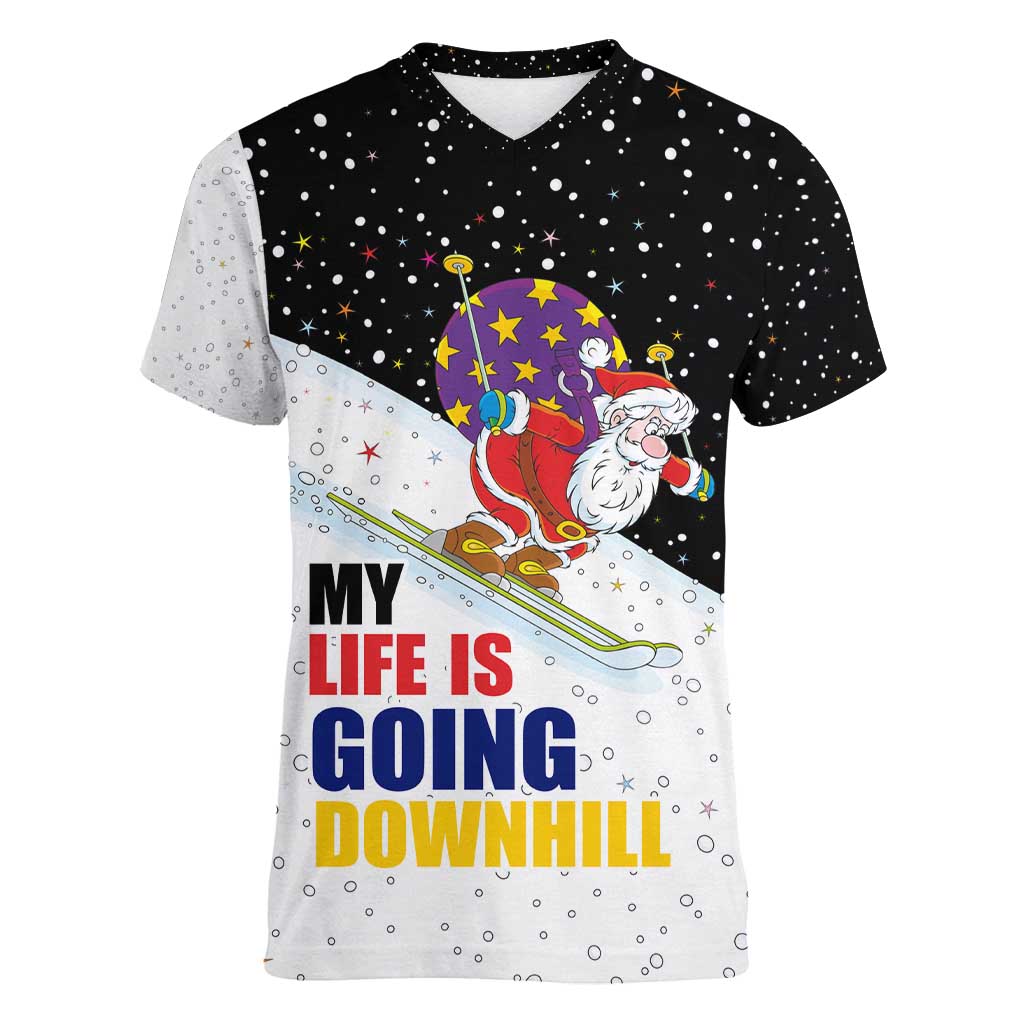 Santa Claus Ski My Life Is Going Downhill Christmas Women V-Neck T-Shirt Xmas Holiday Patterns - Wonder Print Shop