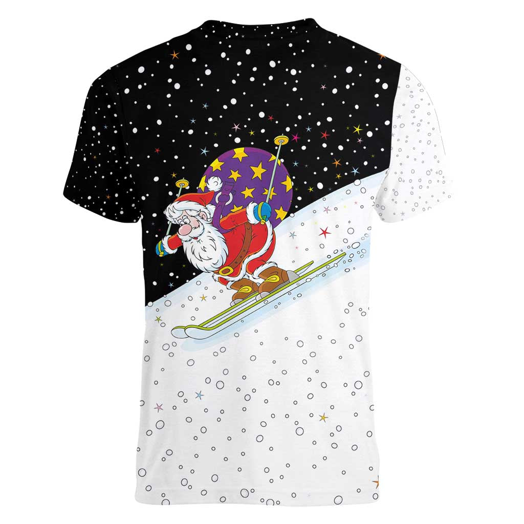 Santa Claus Ski My Life Is Going Downhill Christmas Women V-Neck T-Shirt Xmas Holiday Patterns - Wonder Print Shop