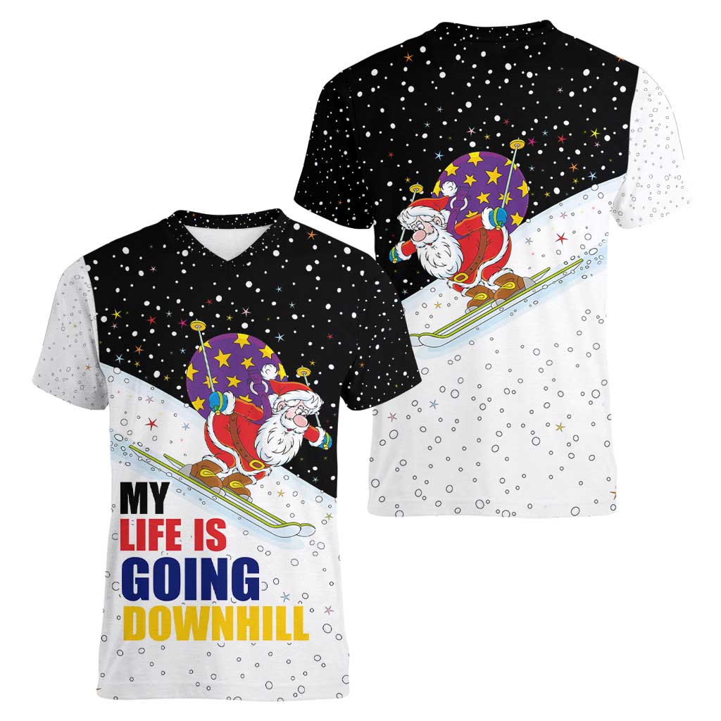 Santa Claus Ski My Life Is Going Downhill Christmas Women V-Neck T-Shirt Xmas Holiday Patterns - Wonder Print Shop