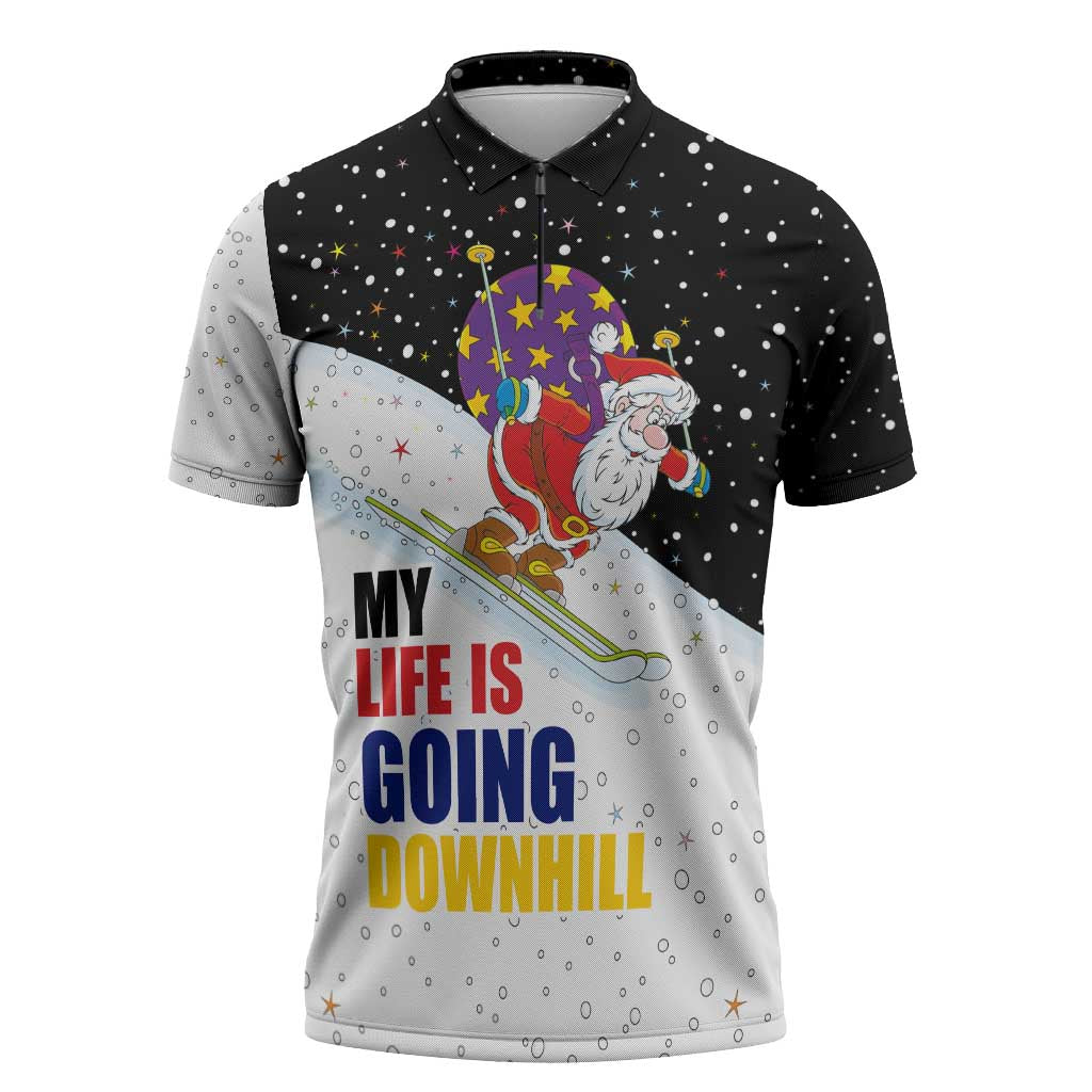 Santa Claus Ski My Life Is Going Downhill Christmas Zipper Polo Shirt Xmas Holiday Patterns - Wonder Print Shop