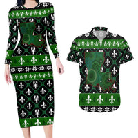 Louisiana USA Symbols Pattern Christmas Couples Matching Long Sleeve Bodycon Dress and Hawaiian Shirt Xmas Holiday Patterns - Wonder Print Shop