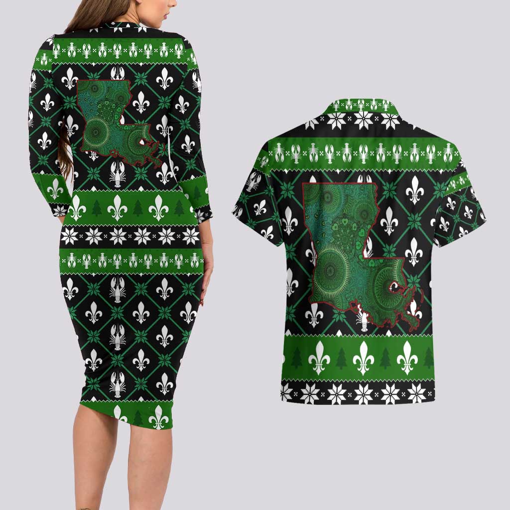 Louisiana USA Symbols Pattern Christmas Couples Matching Long Sleeve Bodycon Dress and Hawaiian Shirt Xmas Holiday Patterns - Wonder Print Shop