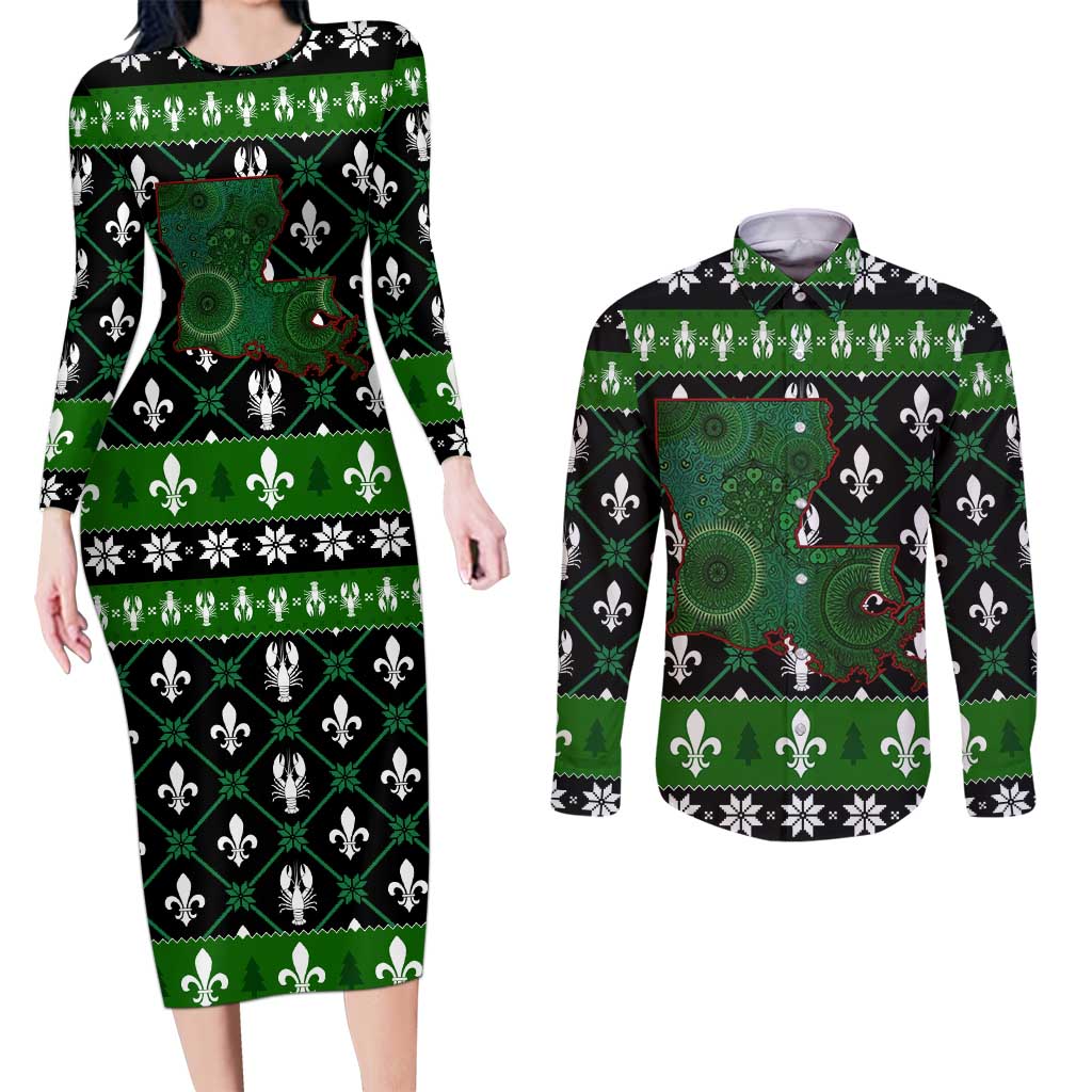 Louisiana USA Symbols Pattern Christmas Couples Matching Long Sleeve Bodycon Dress and Long Sleeve Button Shirt Xmas Holiday Patterns - Wonder Print Shop