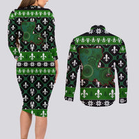 Louisiana USA Symbols Pattern Christmas Couples Matching Long Sleeve Bodycon Dress and Long Sleeve Button Shirt Xmas Holiday Patterns - Wonder Print Shop