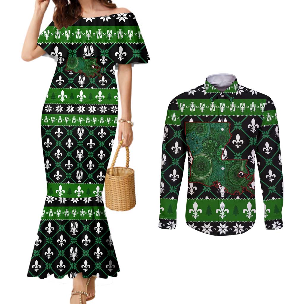 Louisiana USA Symbols Pattern Christmas Couples Matching Mermaid Dress and Long Sleeve Button Shirt Xmas Holiday Patterns - Wonder Print Shop