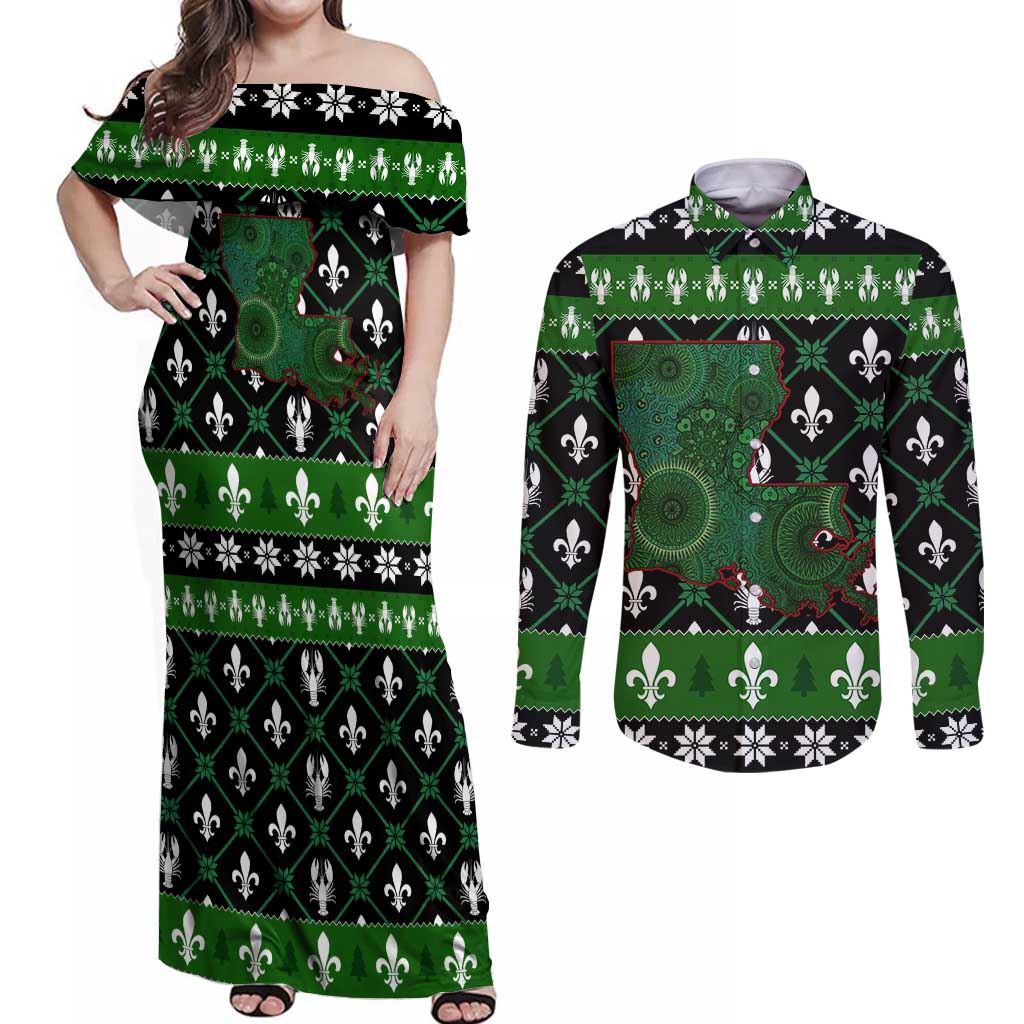Louisiana USA Symbols Pattern Christmas Couples Matching Off Shoulder Maxi Dress and Long Sleeve Button Shirt Xmas Holiday Patterns - Wonder Print Shop