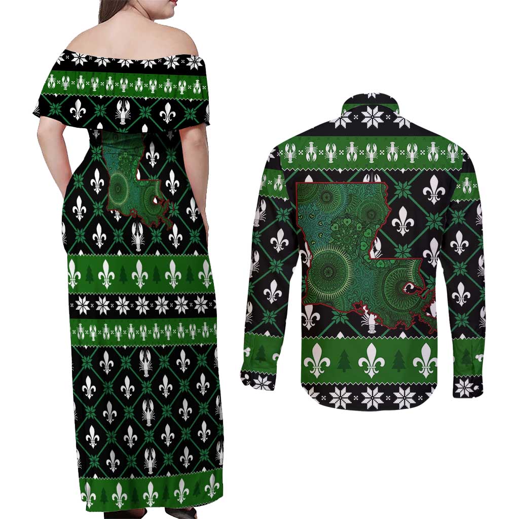 Louisiana USA Symbols Pattern Christmas Couples Matching Off Shoulder Maxi Dress and Long Sleeve Button Shirt Xmas Holiday Patterns - Wonder Print Shop