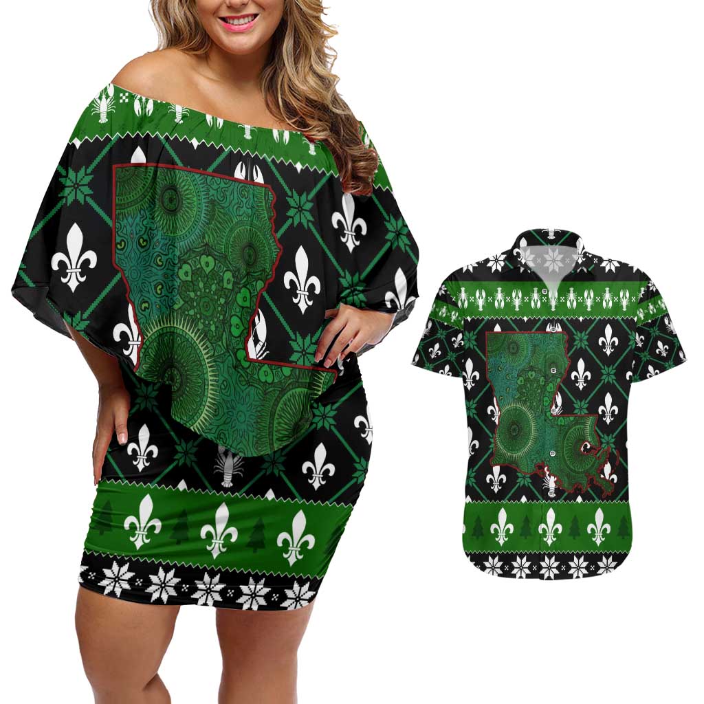 Louisiana USA Symbols Pattern Christmas Couples Matching Off Shoulder Short Dress and Hawaiian Shirt Xmas Holiday Patterns - Wonder Print Shop