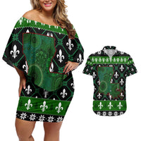 Louisiana USA Symbols Pattern Christmas Couples Matching Off Shoulder Short Dress and Hawaiian Shirt Xmas Holiday Patterns - Wonder Print Shop