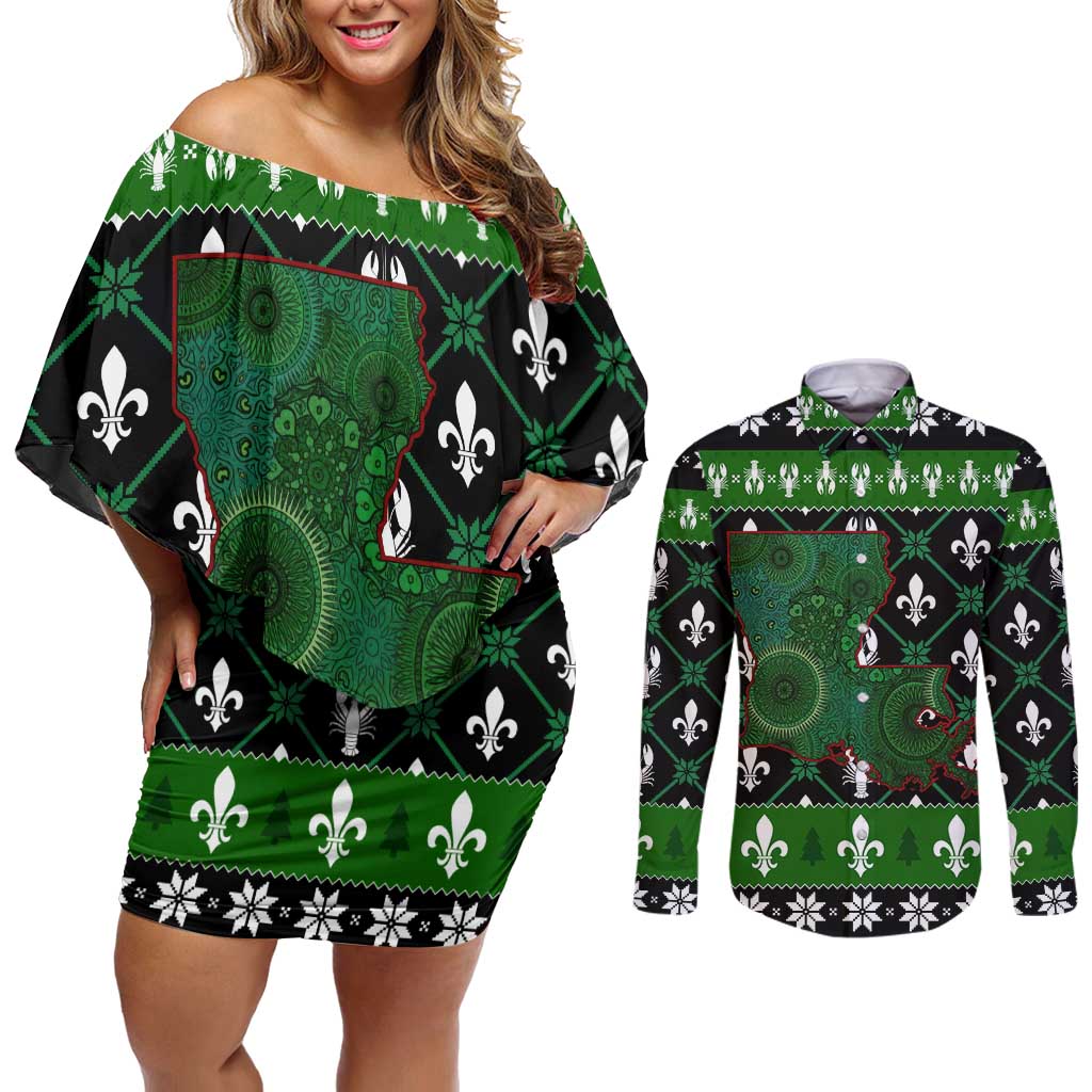 Louisiana USA Symbols Pattern Christmas Couples Matching Off Shoulder Short Dress and Long Sleeve Button Shirt Xmas Holiday Patterns - Wonder Print Shop