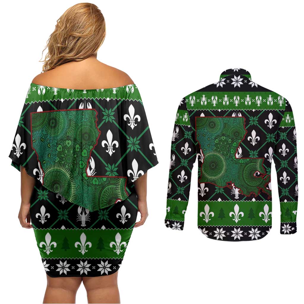 Louisiana USA Symbols Pattern Christmas Couples Matching Off Shoulder Short Dress and Long Sleeve Button Shirt Xmas Holiday Patterns - Wonder Print Shop
