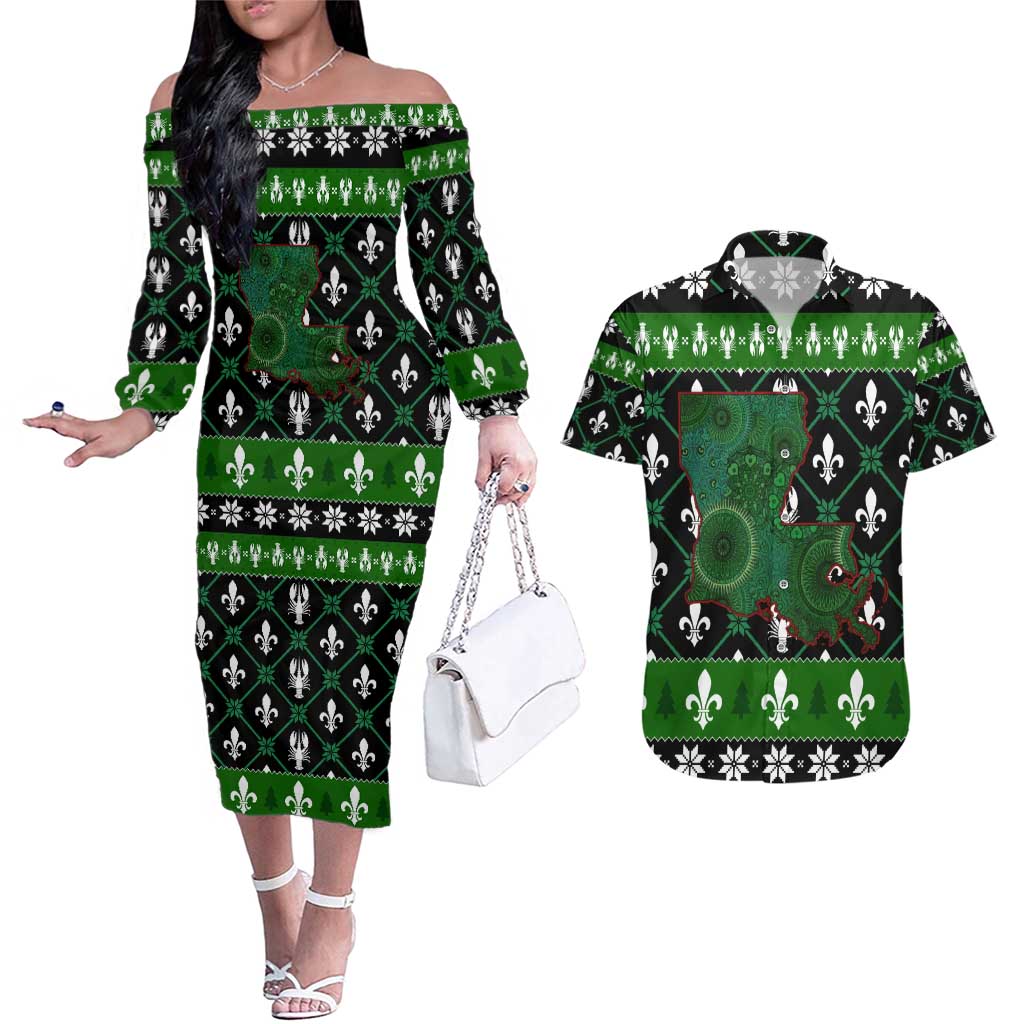 Louisiana USA Symbols Pattern Christmas Couples Matching Off The Shoulder Long Sleeve Dress and Hawaiian Shirt Xmas Holiday Patterns - Wonder Print Shop