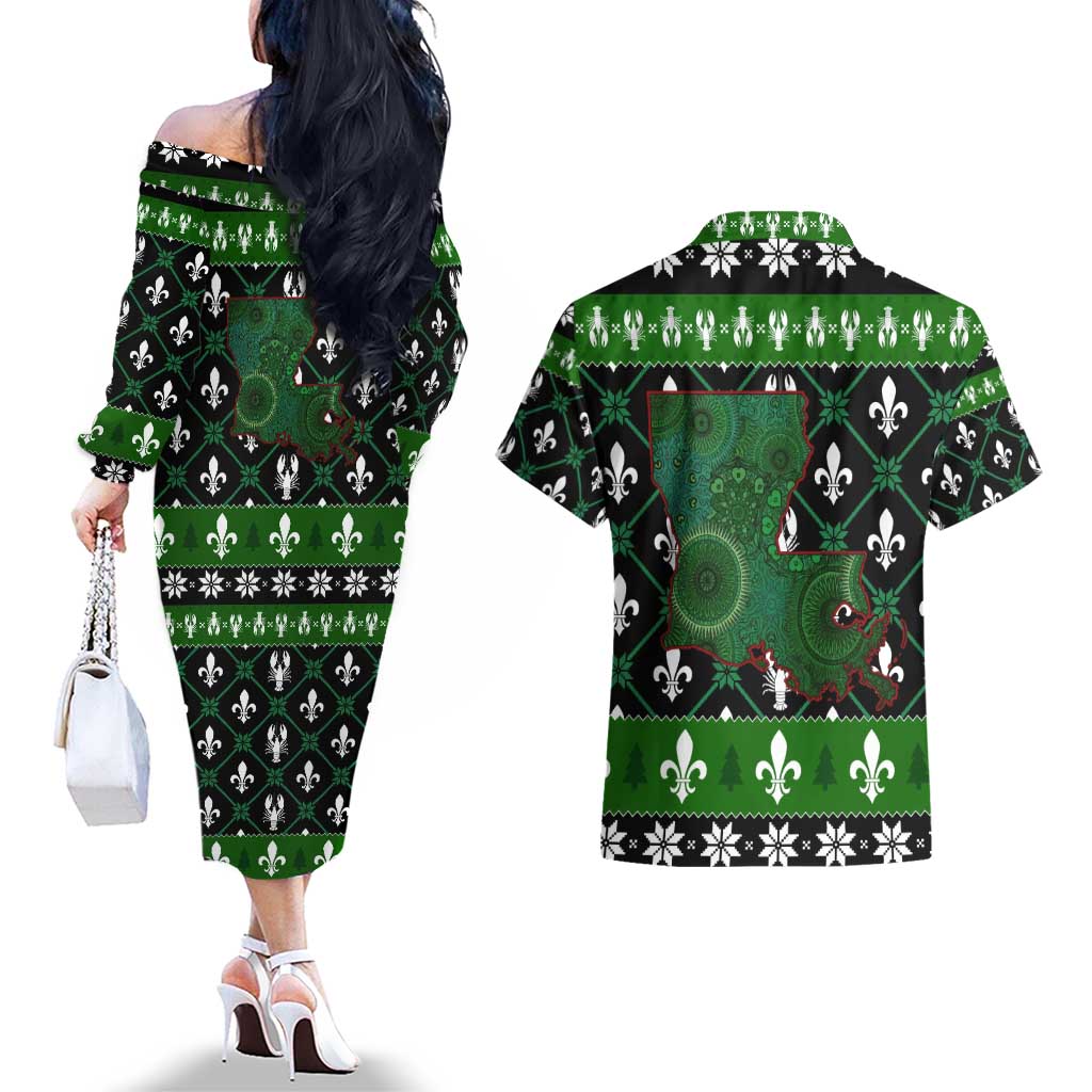 Louisiana USA Symbols Pattern Christmas Couples Matching Off The Shoulder Long Sleeve Dress and Hawaiian Shirt Xmas Holiday Patterns - Wonder Print Shop