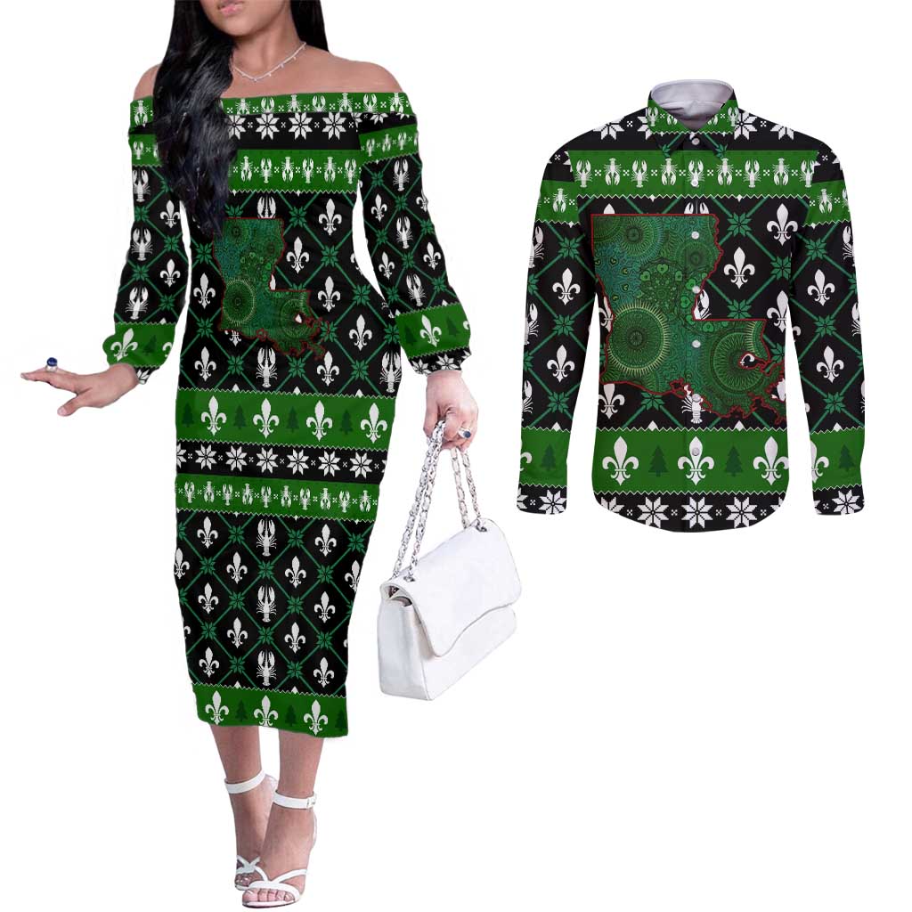 Louisiana USA Symbols Pattern Christmas Couples Matching Off The Shoulder Long Sleeve Dress and Long Sleeve Button Shirt Xmas Holiday Patterns - Wonder Print Shop