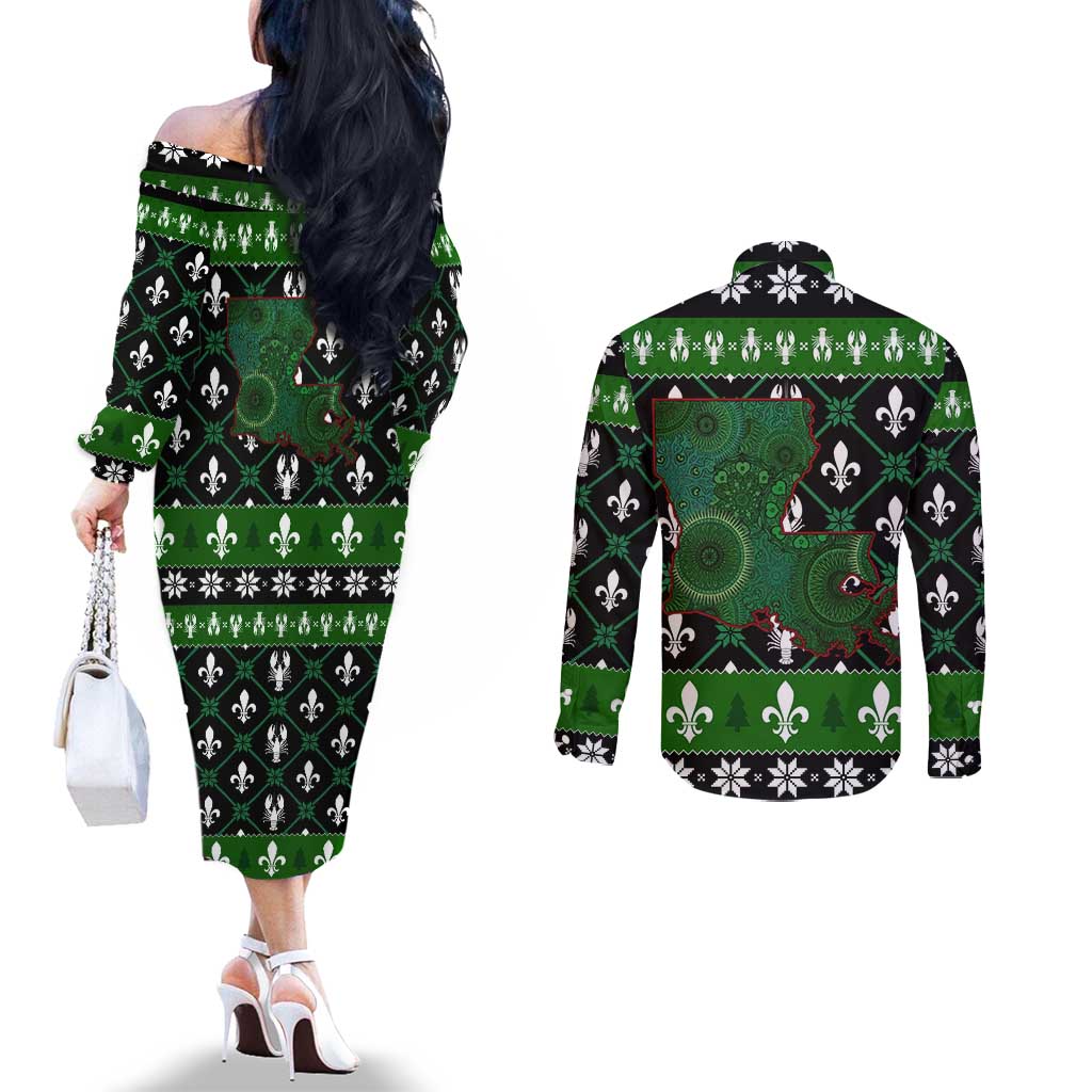 Louisiana USA Symbols Pattern Christmas Couples Matching Off The Shoulder Long Sleeve Dress and Long Sleeve Button Shirt Xmas Holiday Patterns - Wonder Print Shop