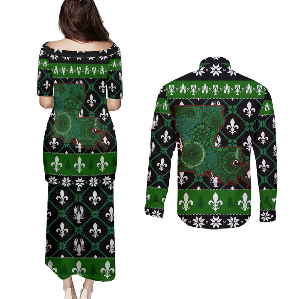 Louisiana USA Symbols Pattern Christmas Couples Matching Puletasi and Long Sleeve Button Shirt Xmas Holiday Patterns - Wonder Print Shop