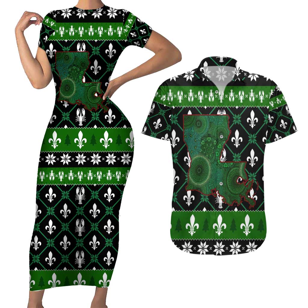 Louisiana USA Symbols Pattern Christmas Couples Matching Short Sleeve Bodycon Dress and Hawaiian Shirt Xmas Holiday Patterns - Wonder Print Shop