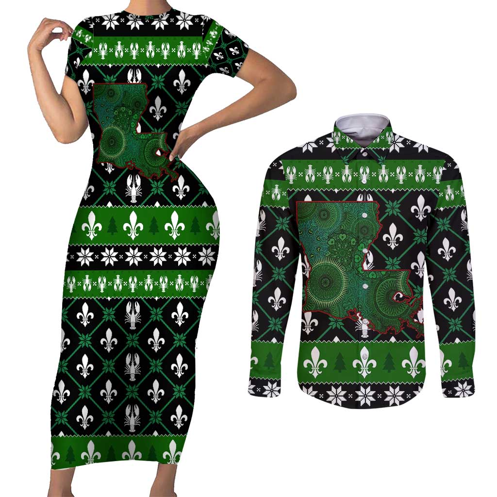 Louisiana USA Symbols Pattern Christmas Couples Matching Short Sleeve Bodycon Dress and Long Sleeve Button Shirt Xmas Holiday Patterns - Wonder Print Shop