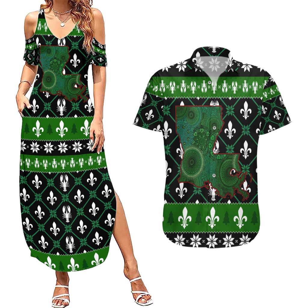 Louisiana USA Symbols Pattern Christmas Couples Matching Summer Maxi Dress and Hawaiian Shirt Xmas Holiday Patterns - Wonder Print Shop