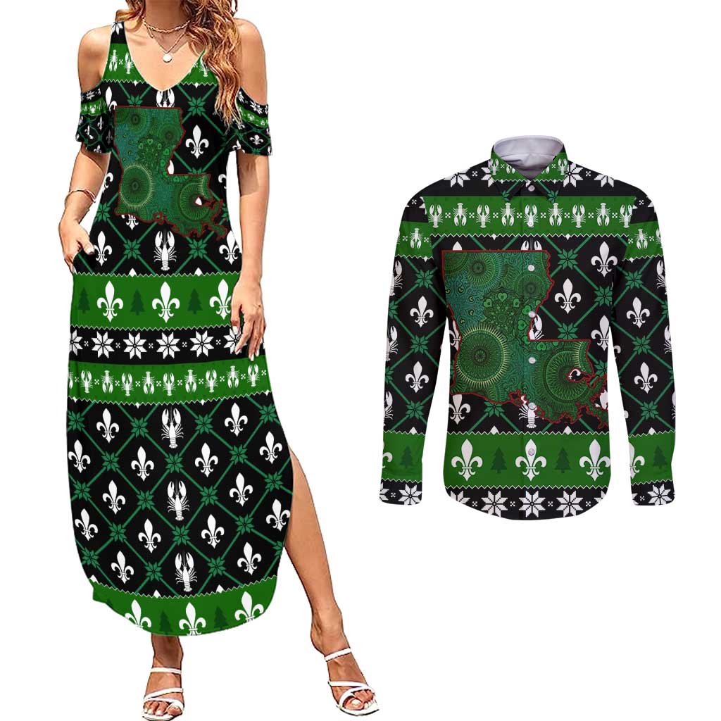 Louisiana USA Symbols Pattern Christmas Couples Matching Summer Maxi Dress and Long Sleeve Button Shirt Xmas Holiday Patterns - Wonder Print Shop