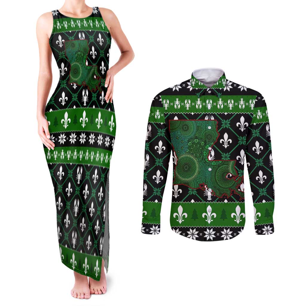 Louisiana USA Symbols Pattern Christmas Couples Matching Tank Maxi Dress and Long Sleeve Button Shirt Xmas Holiday Patterns - Wonder Print Shop