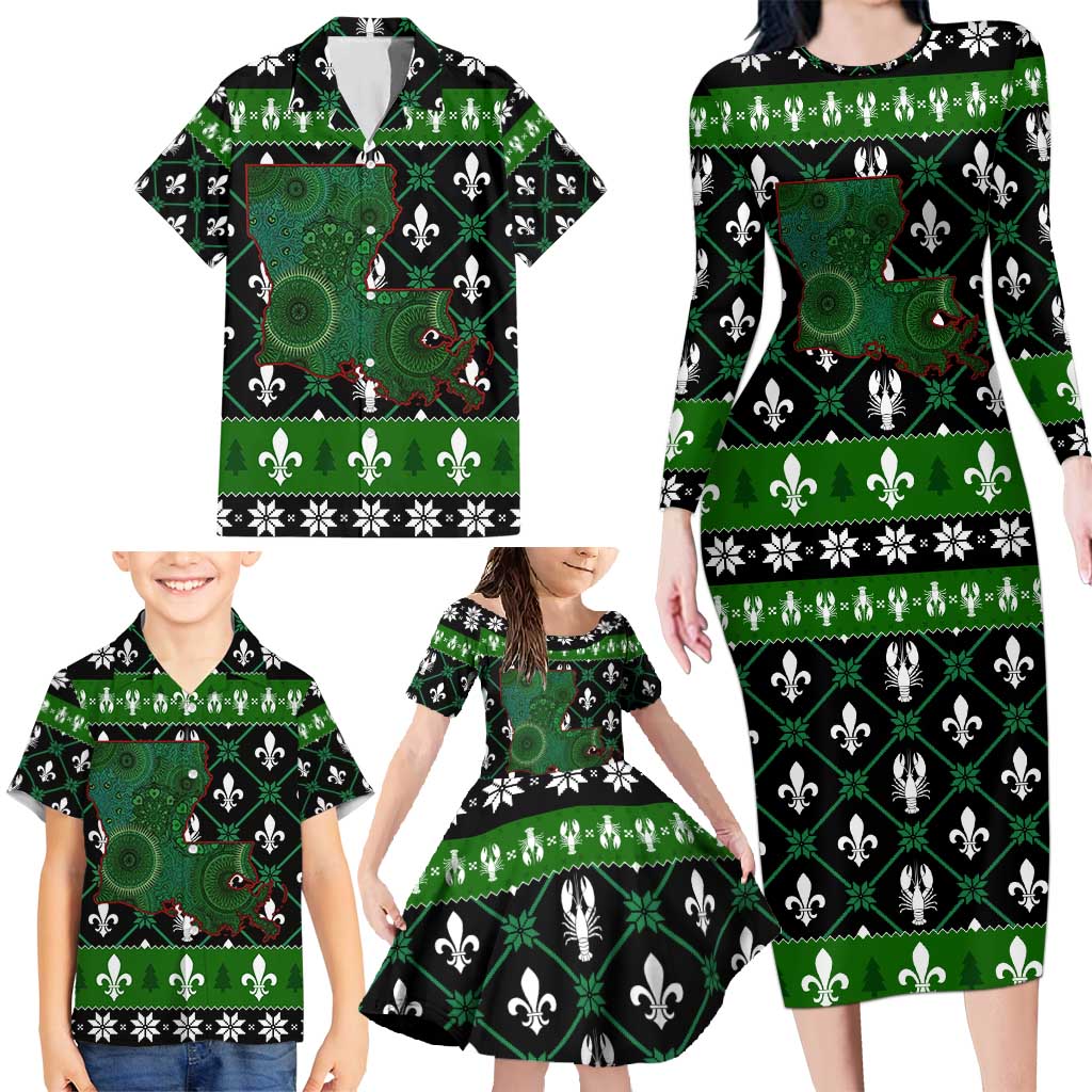 Louisiana USA Symbols Pattern Christmas Family Matching Long Sleeve Bodycon Dress and Hawaiian Shirt Xmas Holiday Patterns - Wonder Print Shop