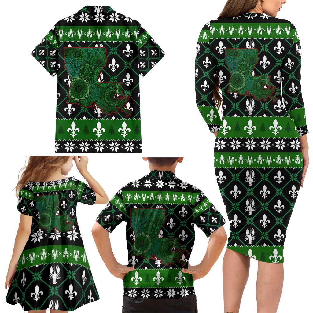 Louisiana USA Symbols Pattern Christmas Family Matching Long Sleeve Bodycon Dress and Hawaiian Shirt Xmas Holiday Patterns - Wonder Print Shop