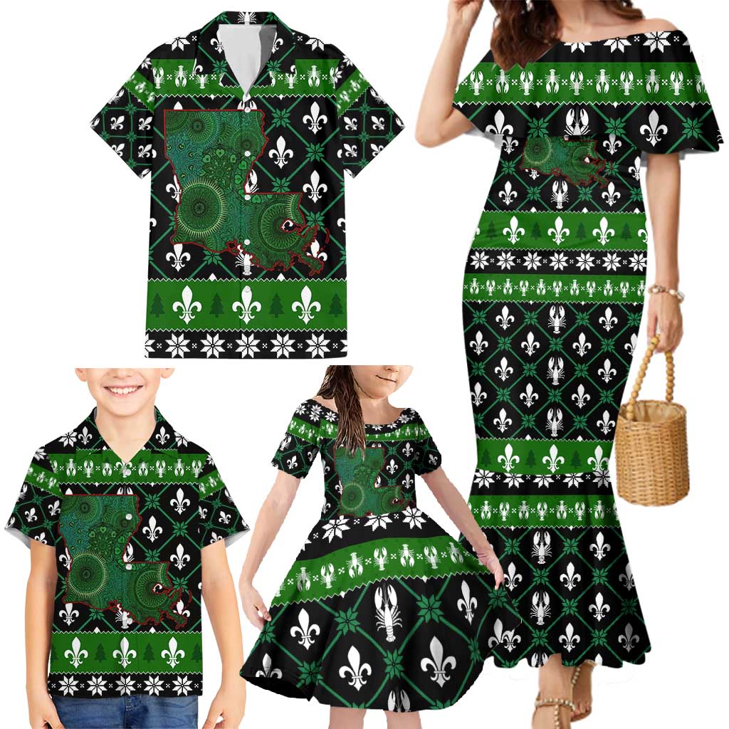 Louisiana USA Symbols Pattern Christmas Family Matching Mermaid Dress and Hawaiian Shirt Xmas Holiday Patterns - Wonder Print Shop