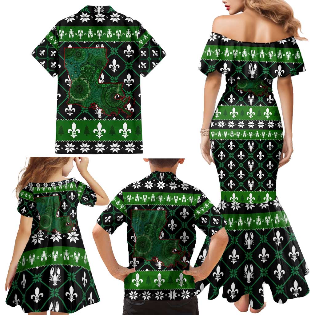 Louisiana USA Symbols Pattern Christmas Family Matching Mermaid Dress and Hawaiian Shirt Xmas Holiday Patterns - Wonder Print Shop