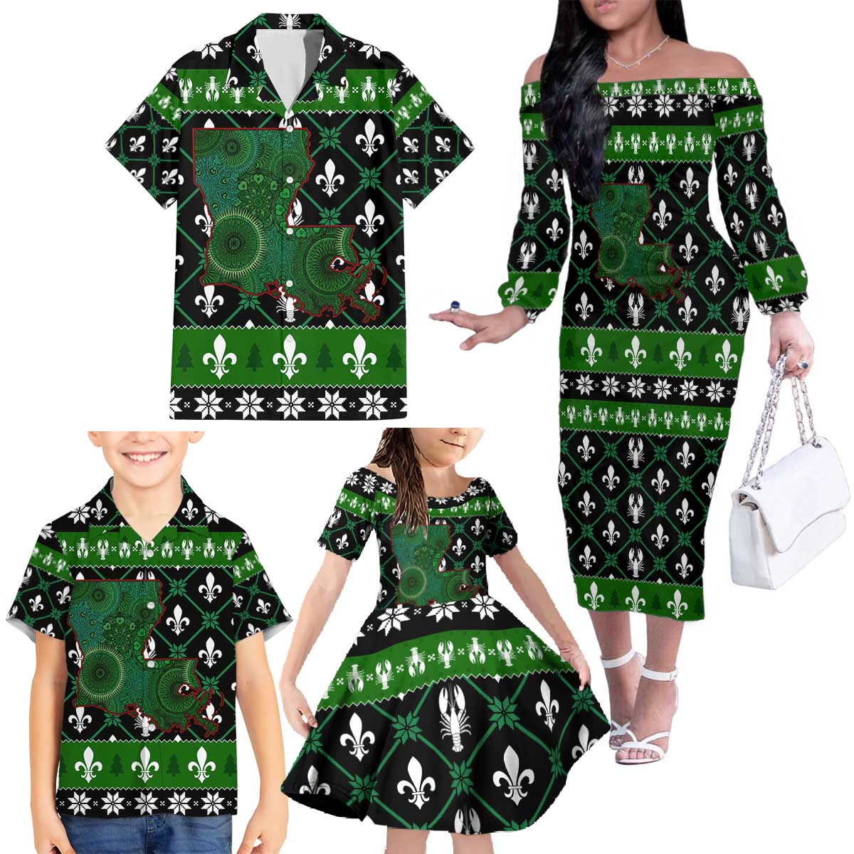 Louisiana USA Symbols Pattern Christmas Family Matching Off The Shoulder Long Sleeve Dress and Hawaiian Shirt Xmas Holiday Patterns - Wonder Print Shop