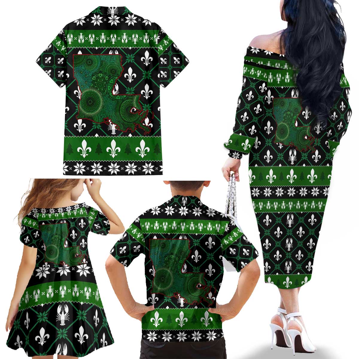 Louisiana USA Symbols Pattern Christmas Family Matching Off The Shoulder Long Sleeve Dress and Hawaiian Shirt Xmas Holiday Patterns - Wonder Print Shop