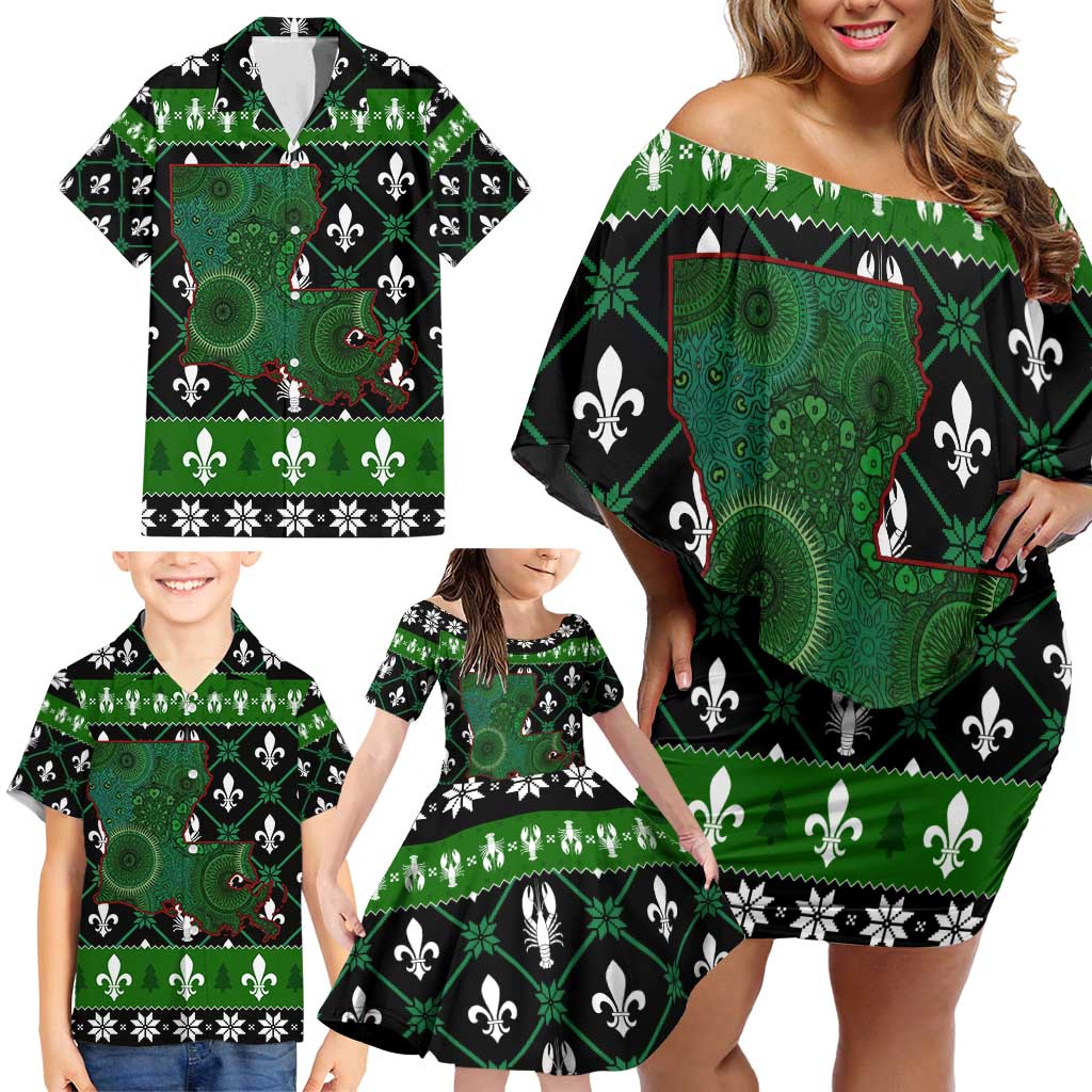 Louisiana USA Symbols Pattern Christmas Family Matching Off Shoulder Short Dress and Hawaiian Shirt Xmas Holiday Patterns - Wonder Print Shop