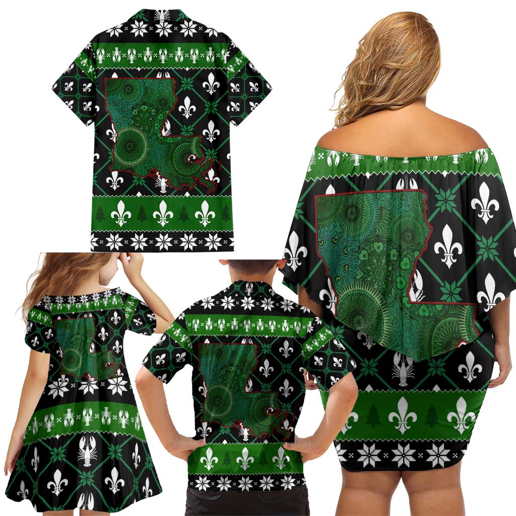 Louisiana USA Symbols Pattern Christmas Family Matching Off Shoulder Short Dress and Hawaiian Shirt Xmas Holiday Patterns - Wonder Print Shop