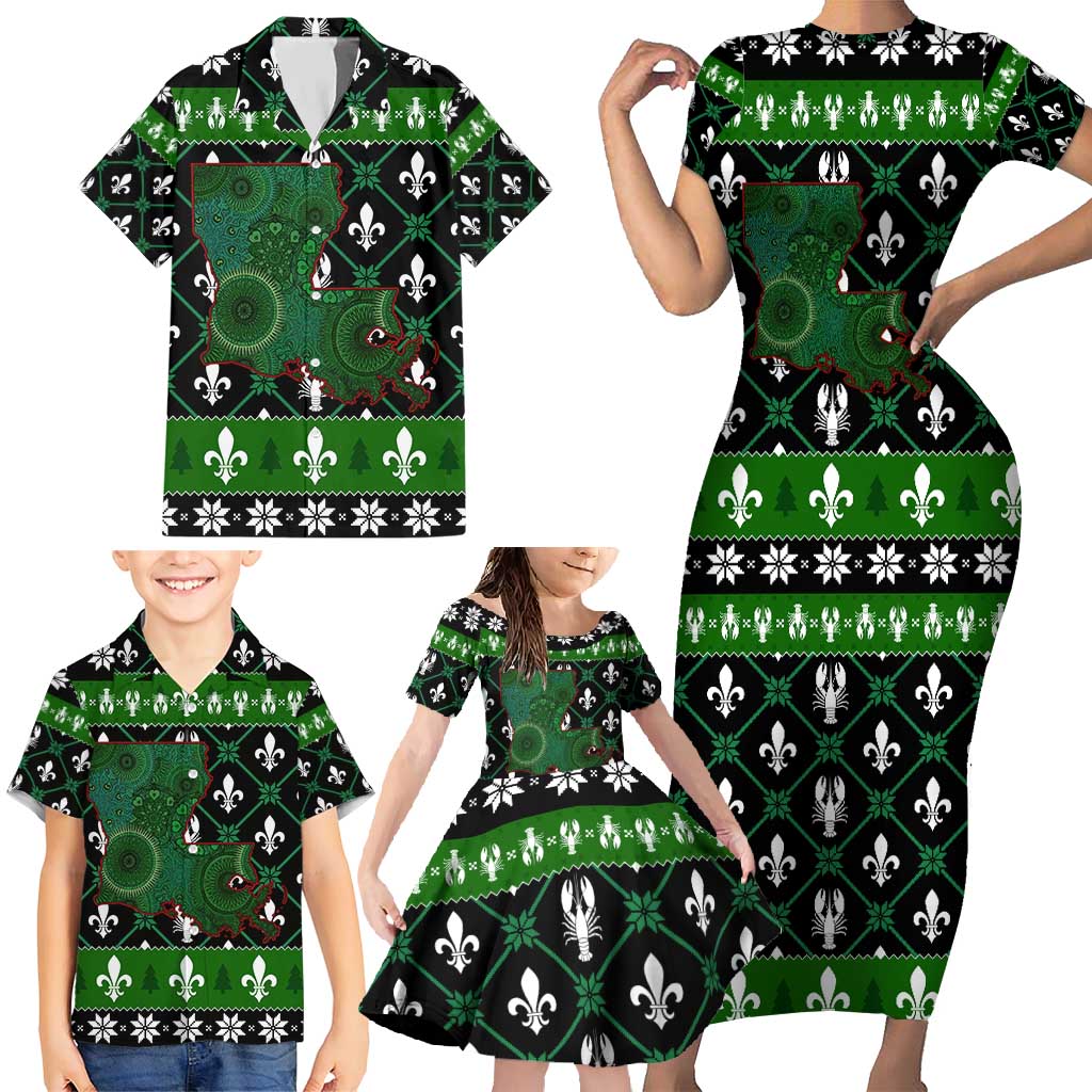 Louisiana USA Symbols Pattern Christmas Family Matching Short Sleeve Bodycon Dress and Hawaiian Shirt Xmas Holiday Patterns - Wonder Print Shop