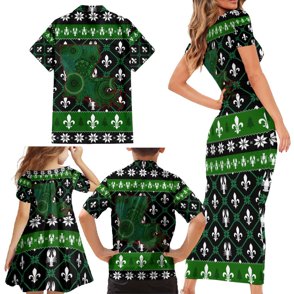 Louisiana USA Symbols Pattern Christmas Family Matching Short Sleeve Bodycon Dress and Hawaiian Shirt Xmas Holiday Patterns - Wonder Print Shop