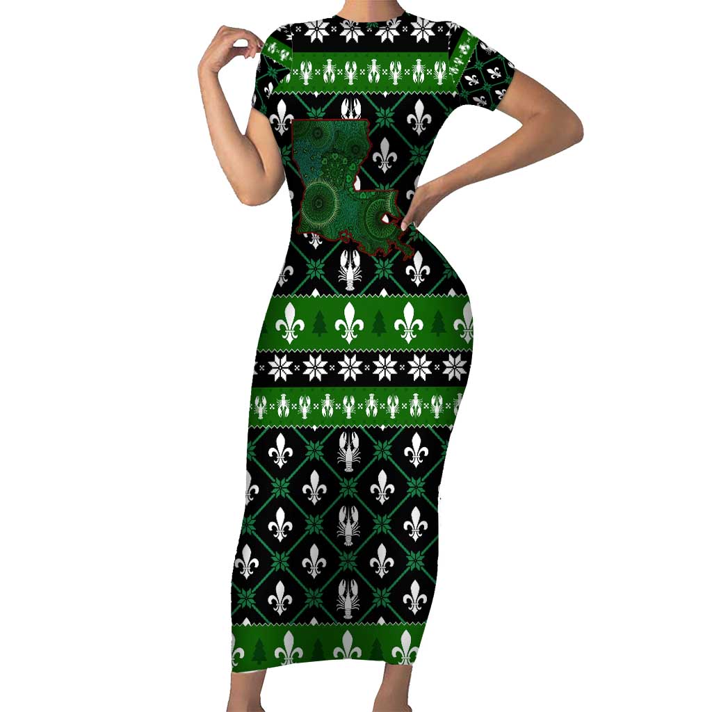 Louisiana USA Symbols Pattern Christmas Family Matching Short Sleeve Bodycon Dress and Hawaiian Shirt Xmas Holiday Patterns - Wonder Print Shop