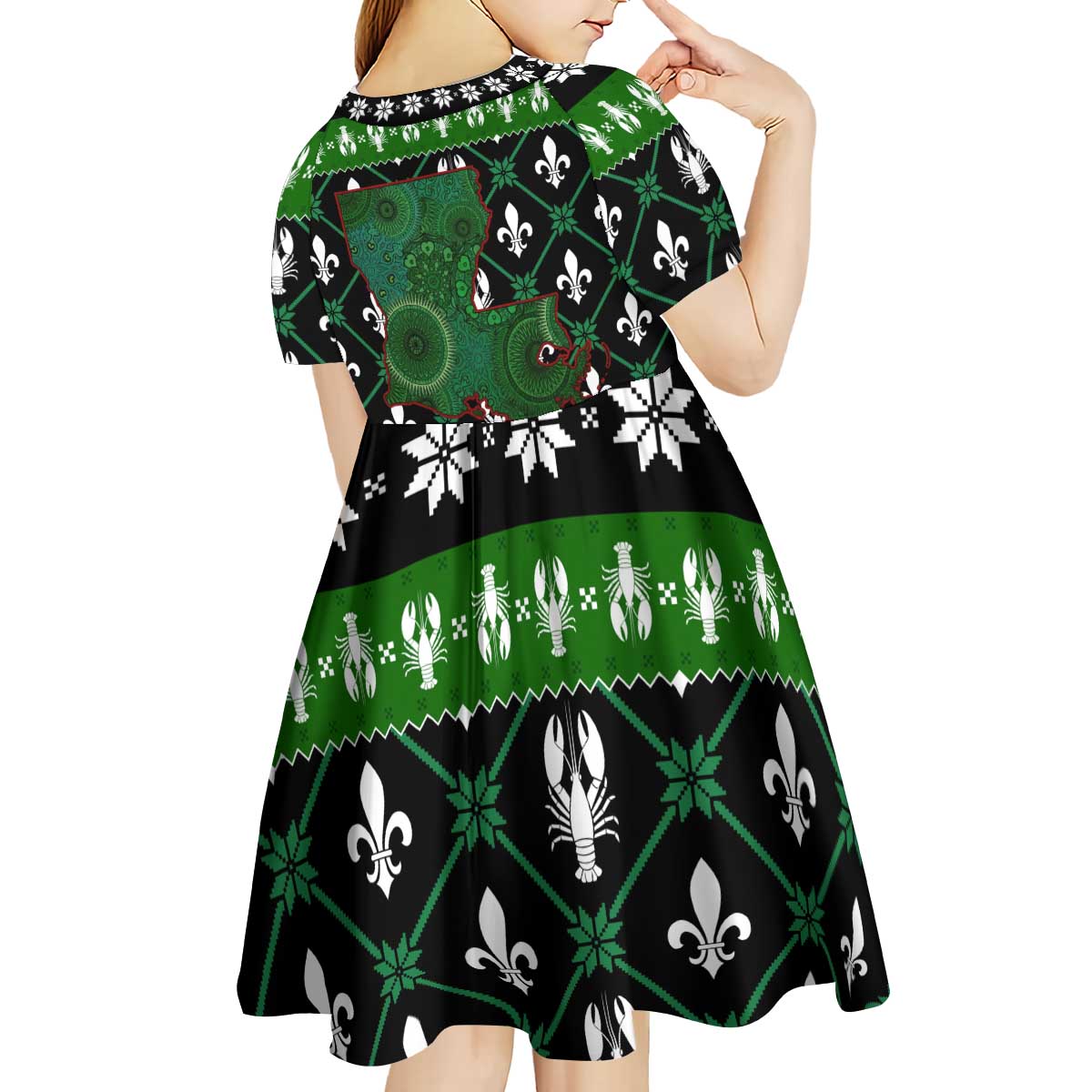 Louisiana USA Symbols Pattern Christmas Kid Short Sleeve Dress Xmas Holiday Patterns - Wonder Print Shop