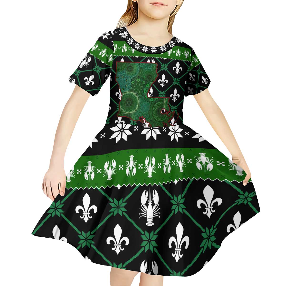 Louisiana USA Symbols Pattern Christmas Kid Short Sleeve Dress Xmas Holiday Patterns - Wonder Print Shop