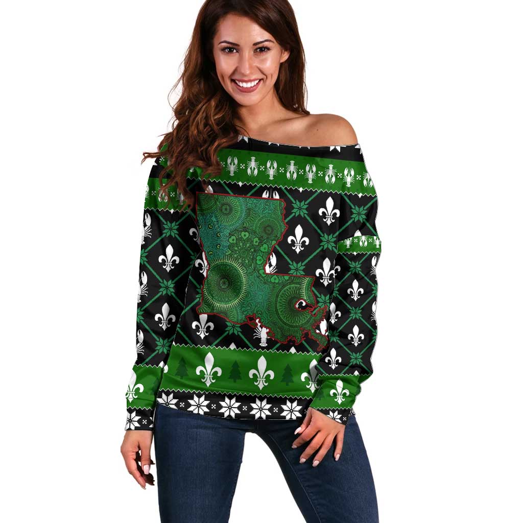 Louisiana USA Symbols Pattern Christmas Off Shoulder Sweater Xmas Holiday Patterns - Wonder Print Shop
