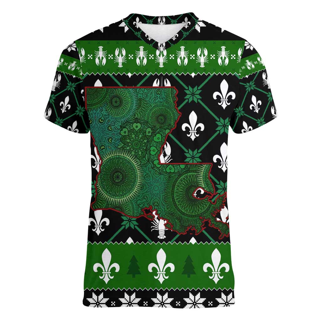 Louisiana USA Symbols Pattern Christmas Women V-Neck T-Shirt Xmas Holiday Patterns - Wonder Print Shop